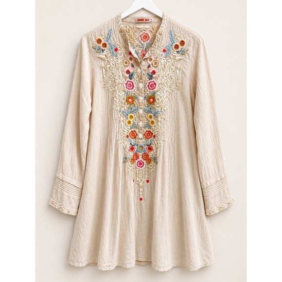 Johnny Was Tops - Johnny Was Embroidered Floral Dress Rayon Beige Boho C82763 Medium